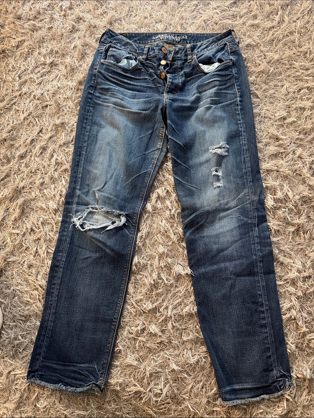 American Eagle Outfitters Women's Dark Blue Distressed Boyfriend Jeans
